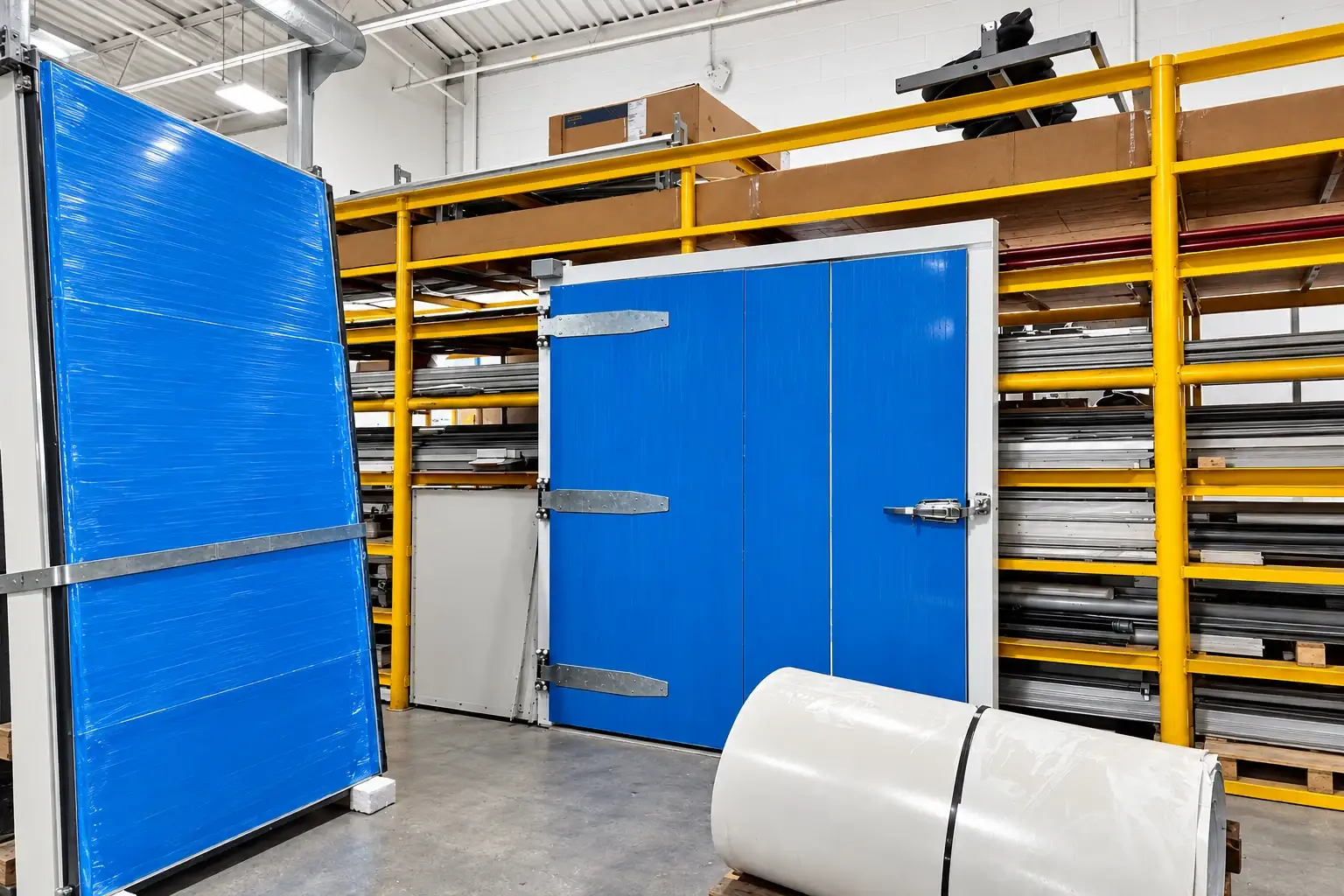 Reference image showing blue insulated cold-room doors in a warehouse