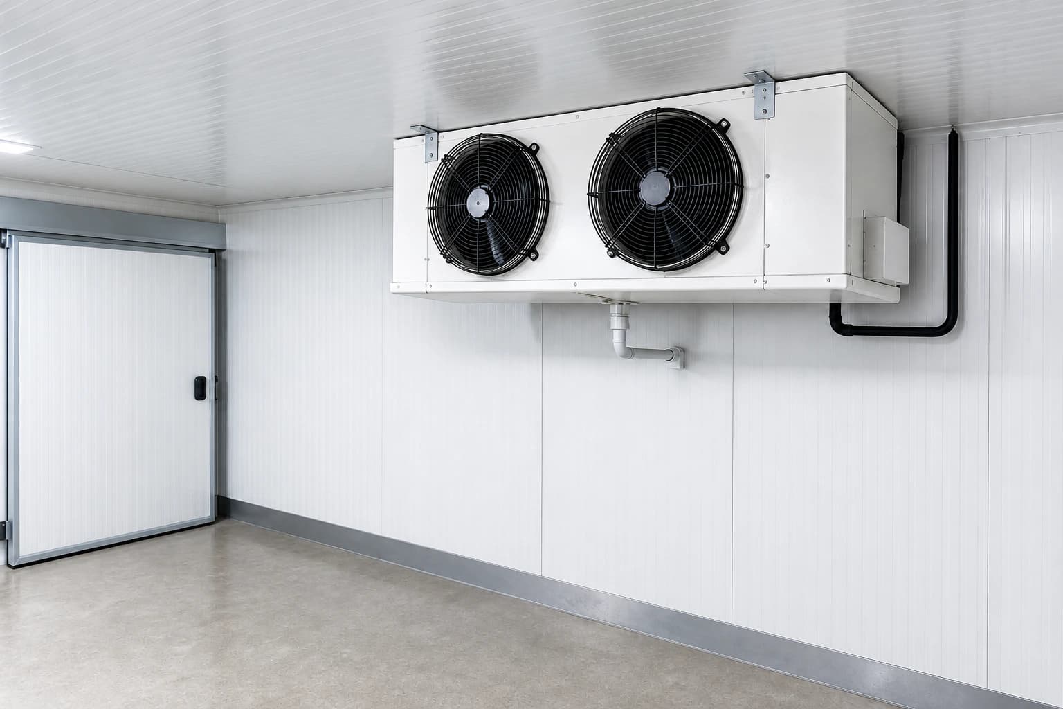 Commercial refrigeration evaporator unit inside an insulated cold room