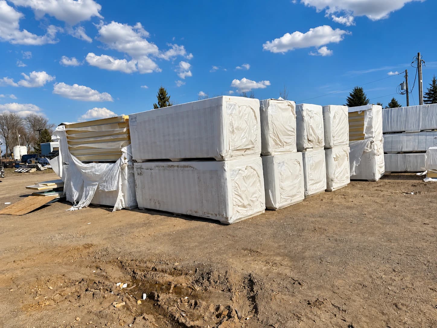 Insulated panels staged in a supply yard or prepared for transport