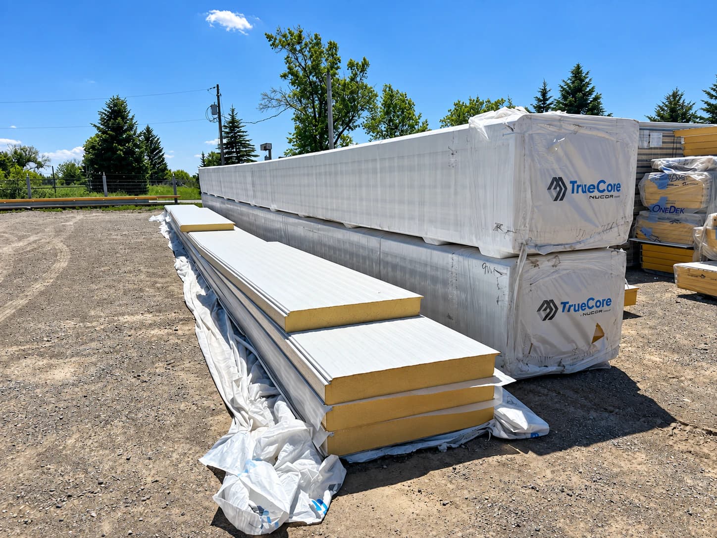 Insulated panels staged in a supply yard or prepared for transport