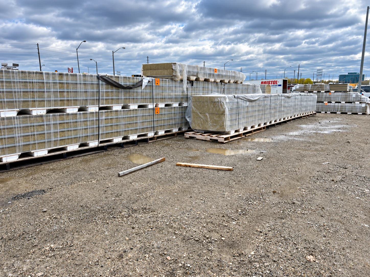 Insulated panels staged in a supply yard or prepared for transport